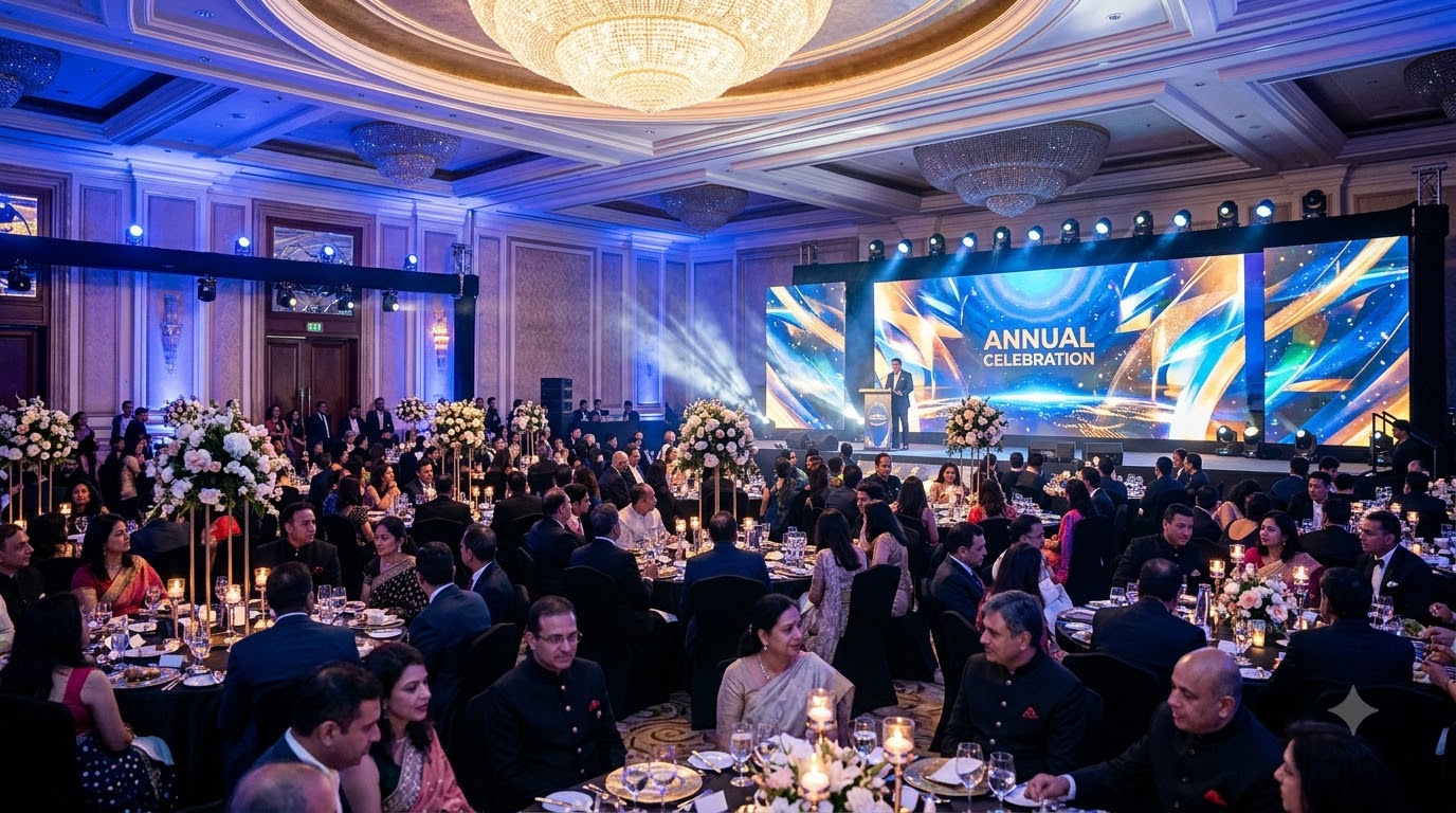 Attendees at a grand corporate gala with blue-lit stage