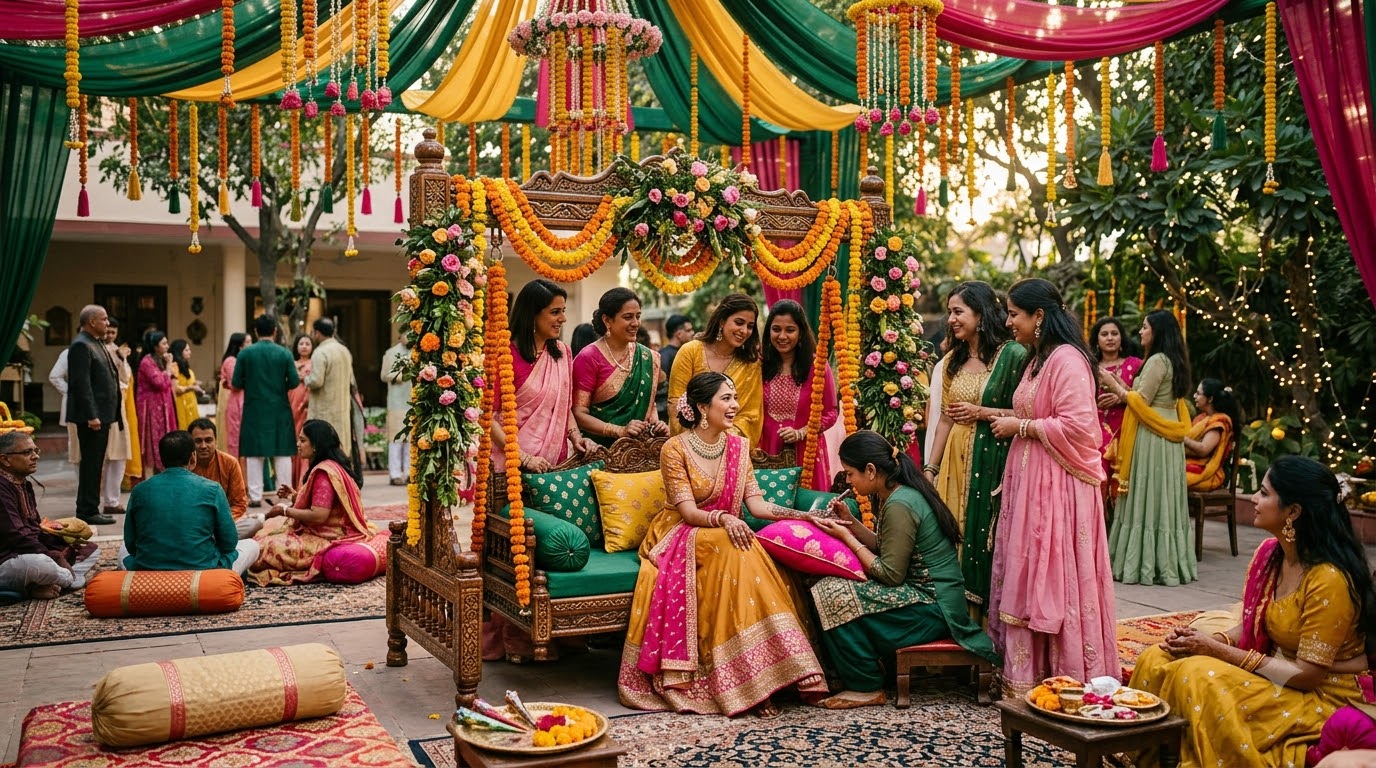 Women celebrating at a colourful mehendi ceremony