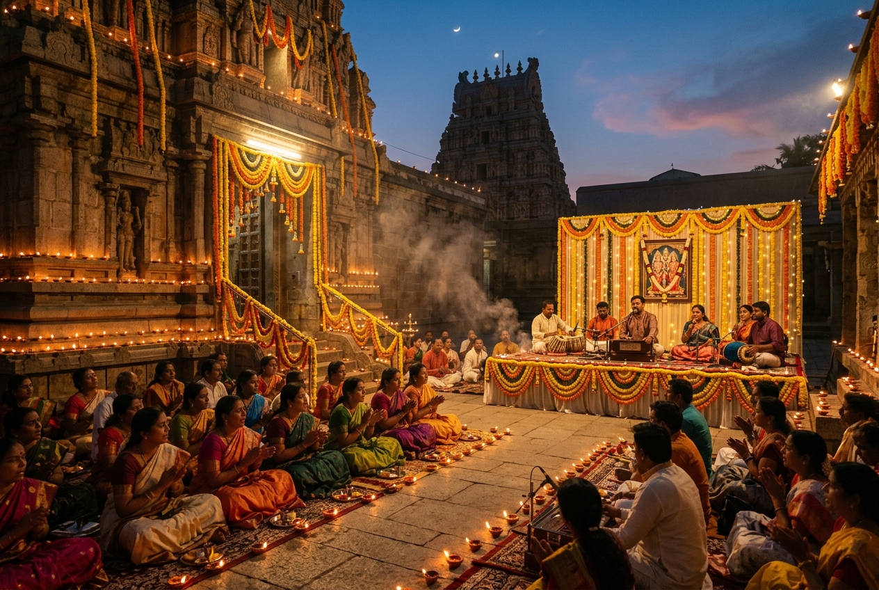A serene temple courtyard with devotees and diyas at dusk