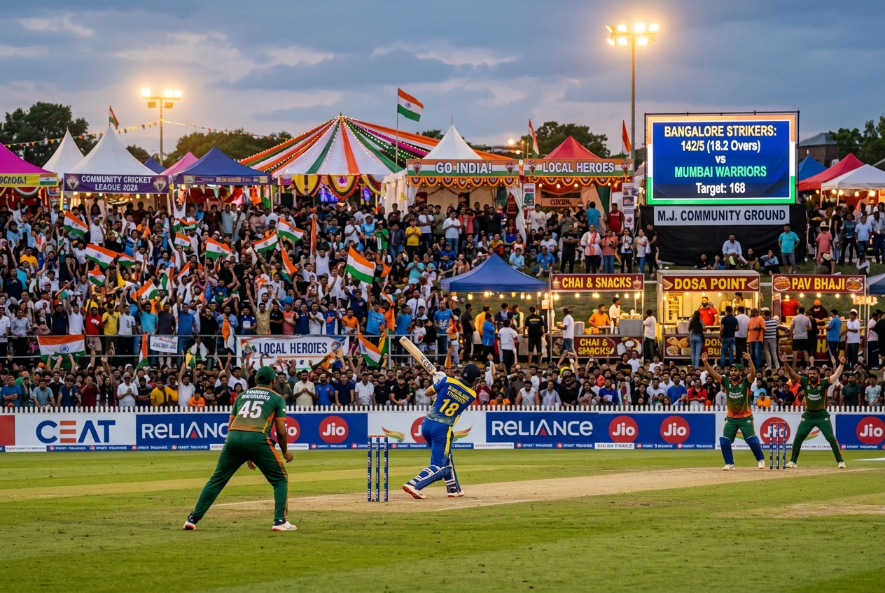 A vibrant community cricket tournament under floodlights