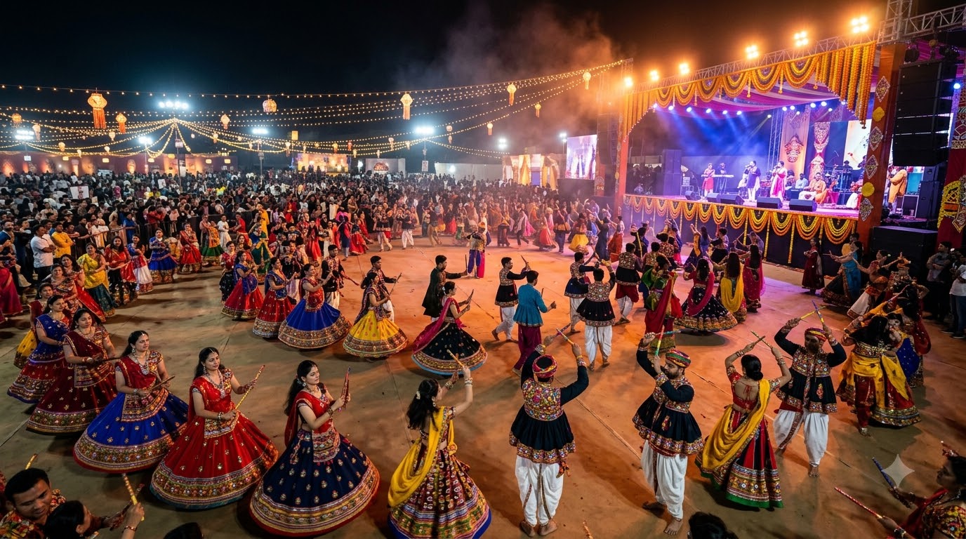 Dandiya night with colourful dancers and bright lights