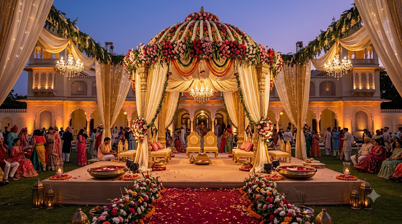 A grand Indian palace wedding mandap at dusk